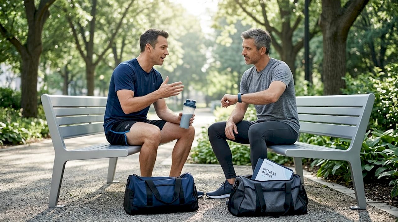 Men discussing wellness after park walk