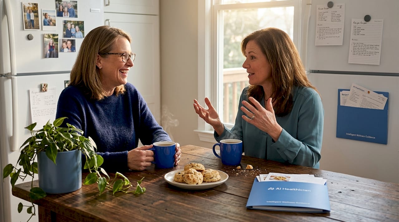 Friends sharing conversation at kitchen table