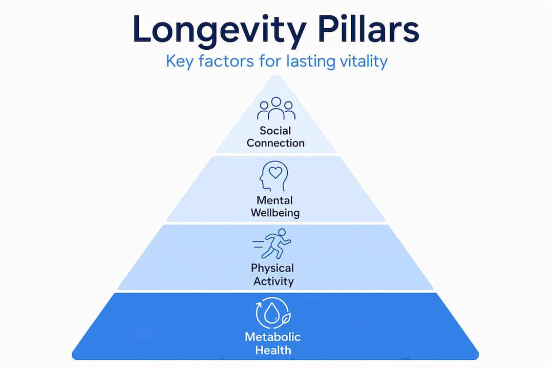 Hierarchy infographic of core longevity factors