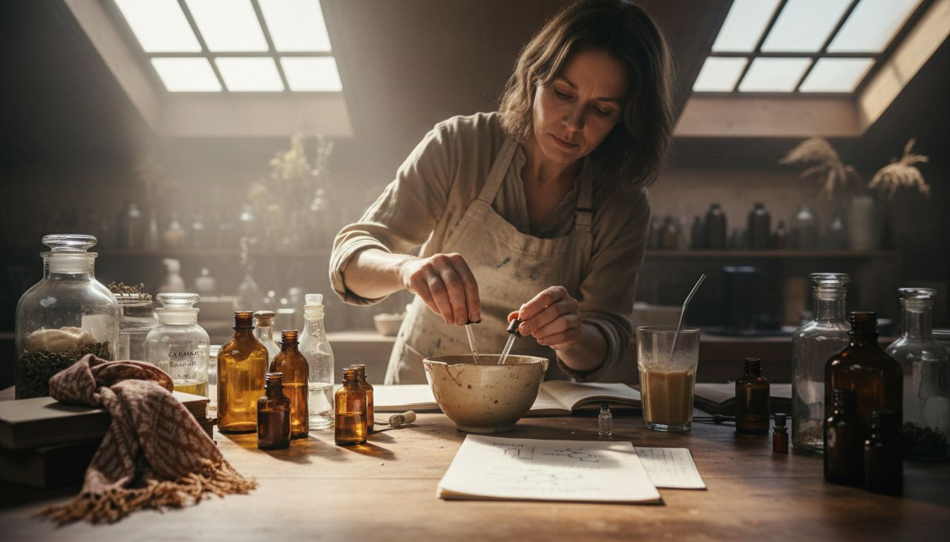 Artisan mixing oils in perfumery studio