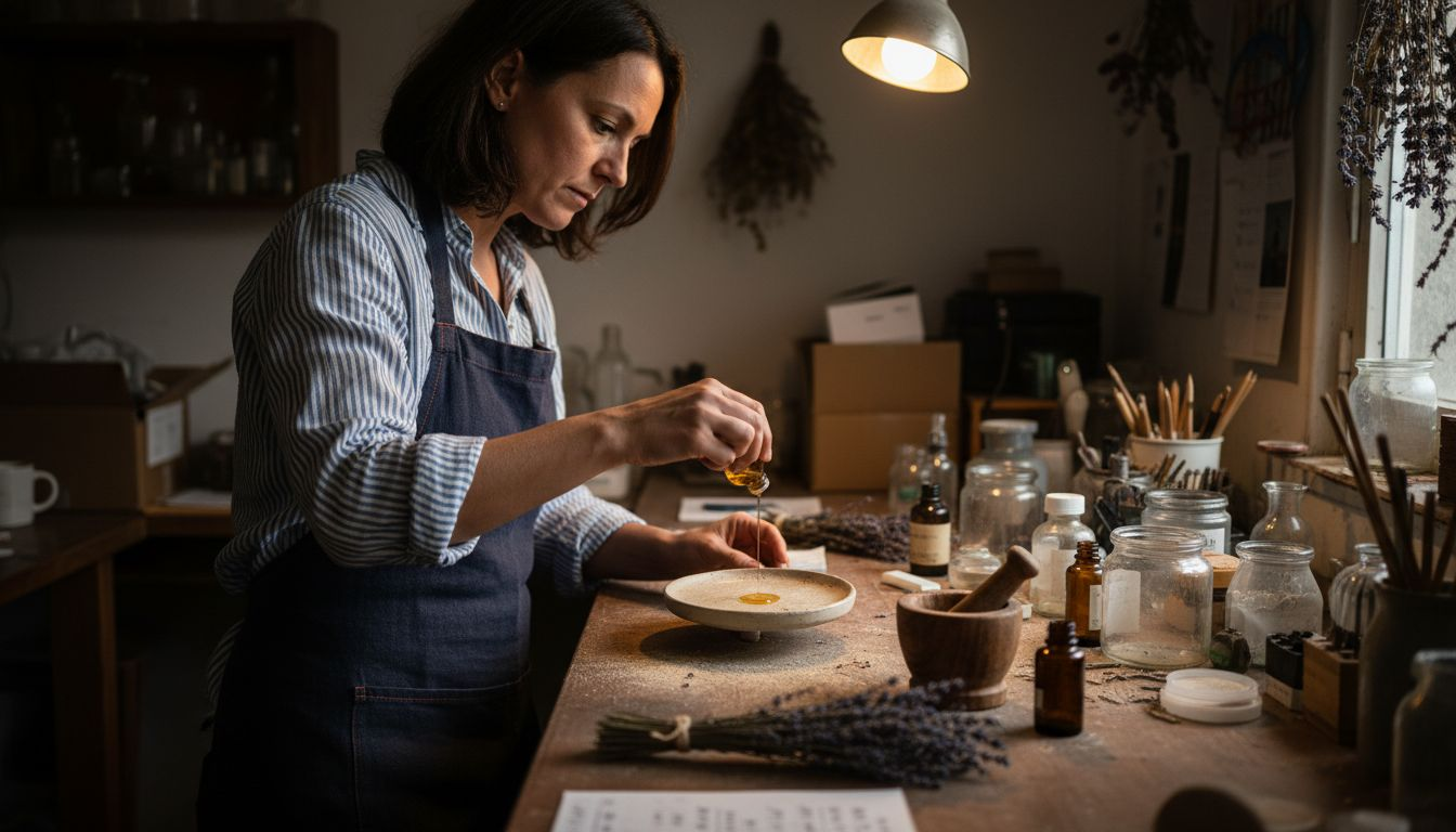 Artisanal perfumer mixing rare ingredients