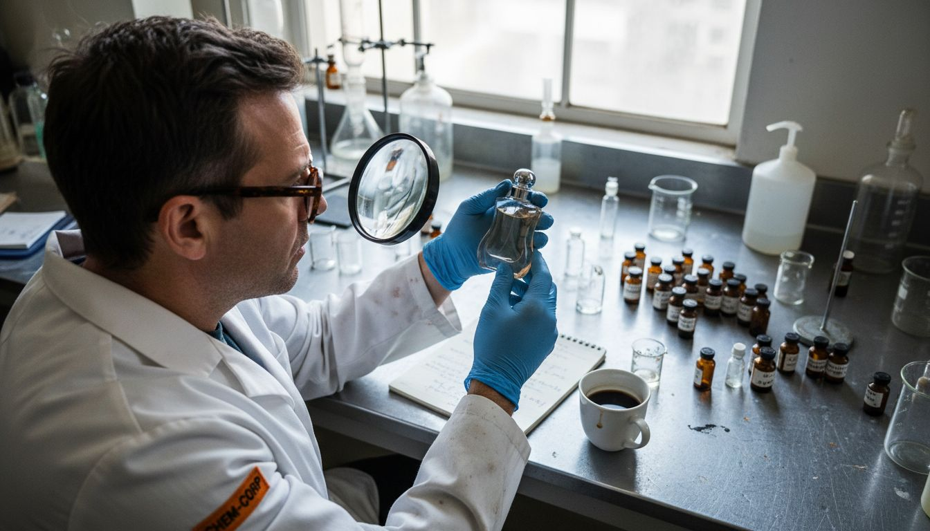 Lab technician authenticating designer perfume