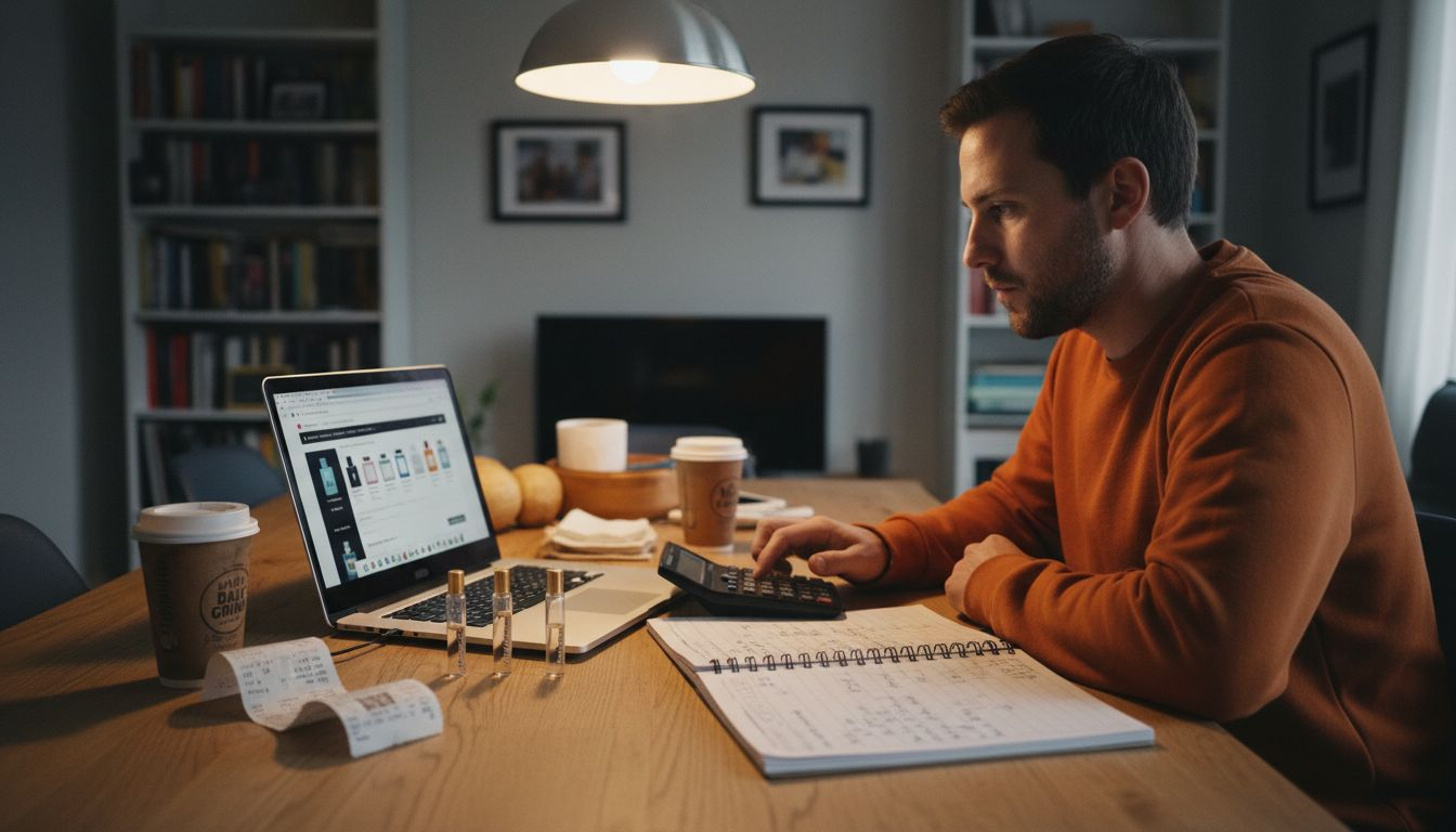 Person using laptop and fragrance samples