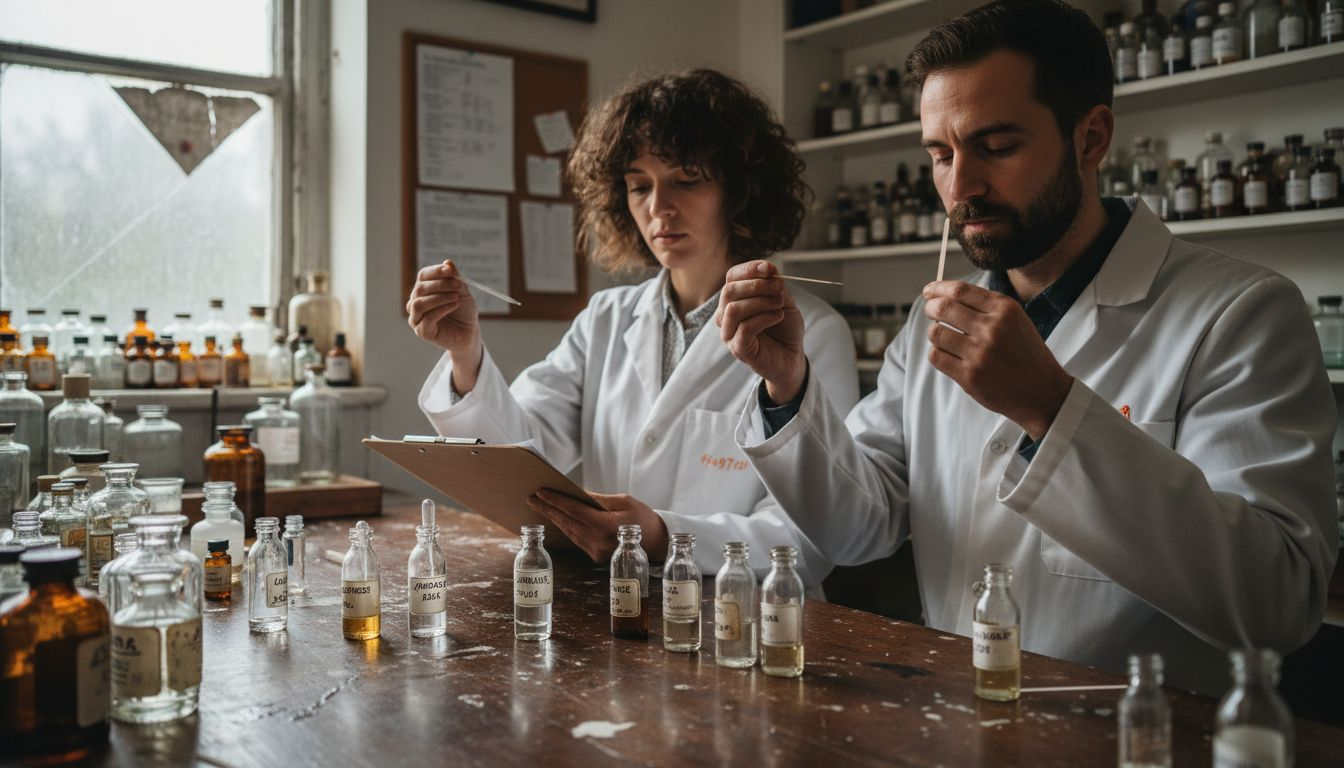 Perfumers blending scents in cluttered lab