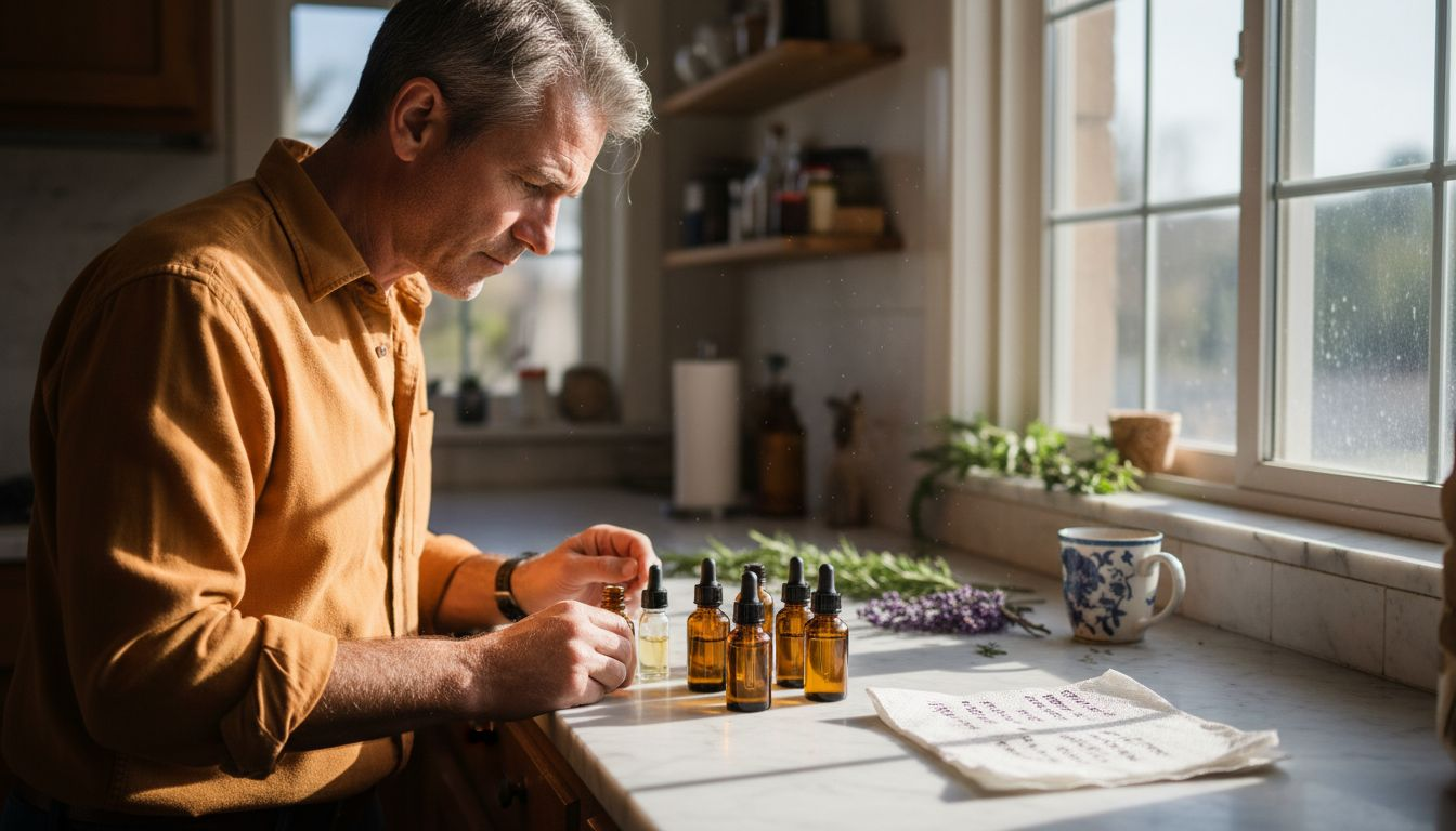 Man inspecting perfume ingredient bottles