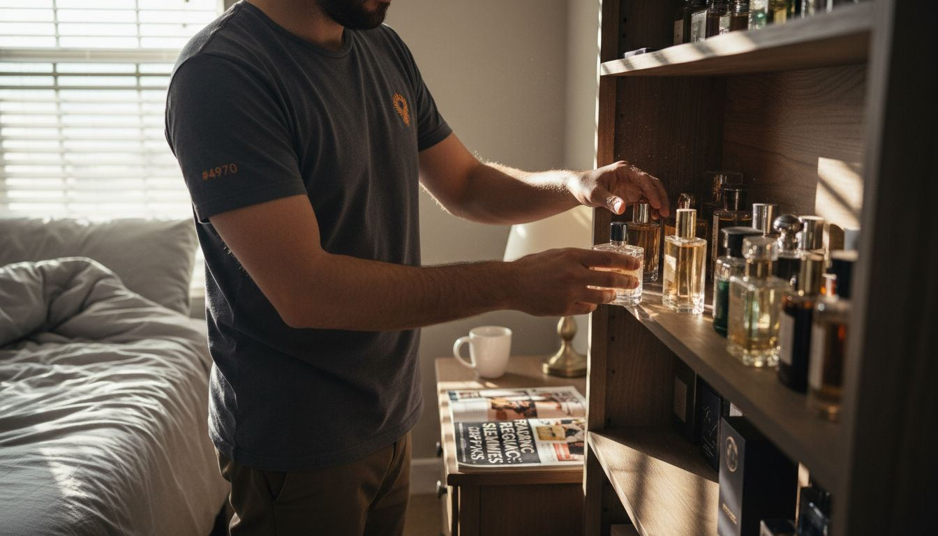 Man organizing bedroom fragrance collection shelf