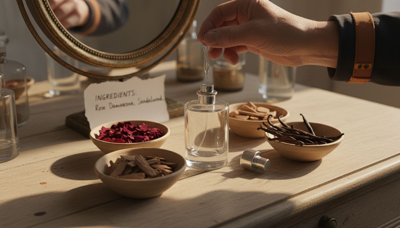 Perfumer preparing ingredients for designer fragrance