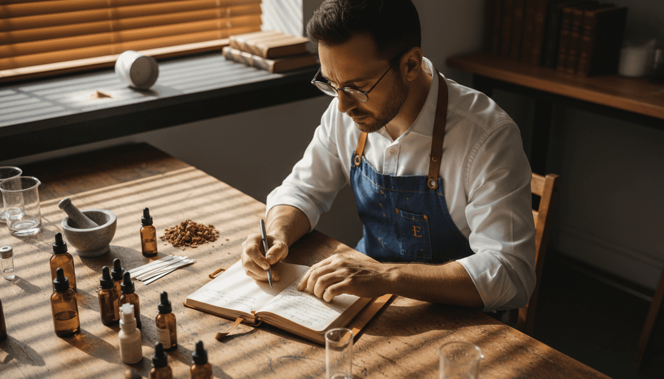 Perfumery mixing process at wooden table
