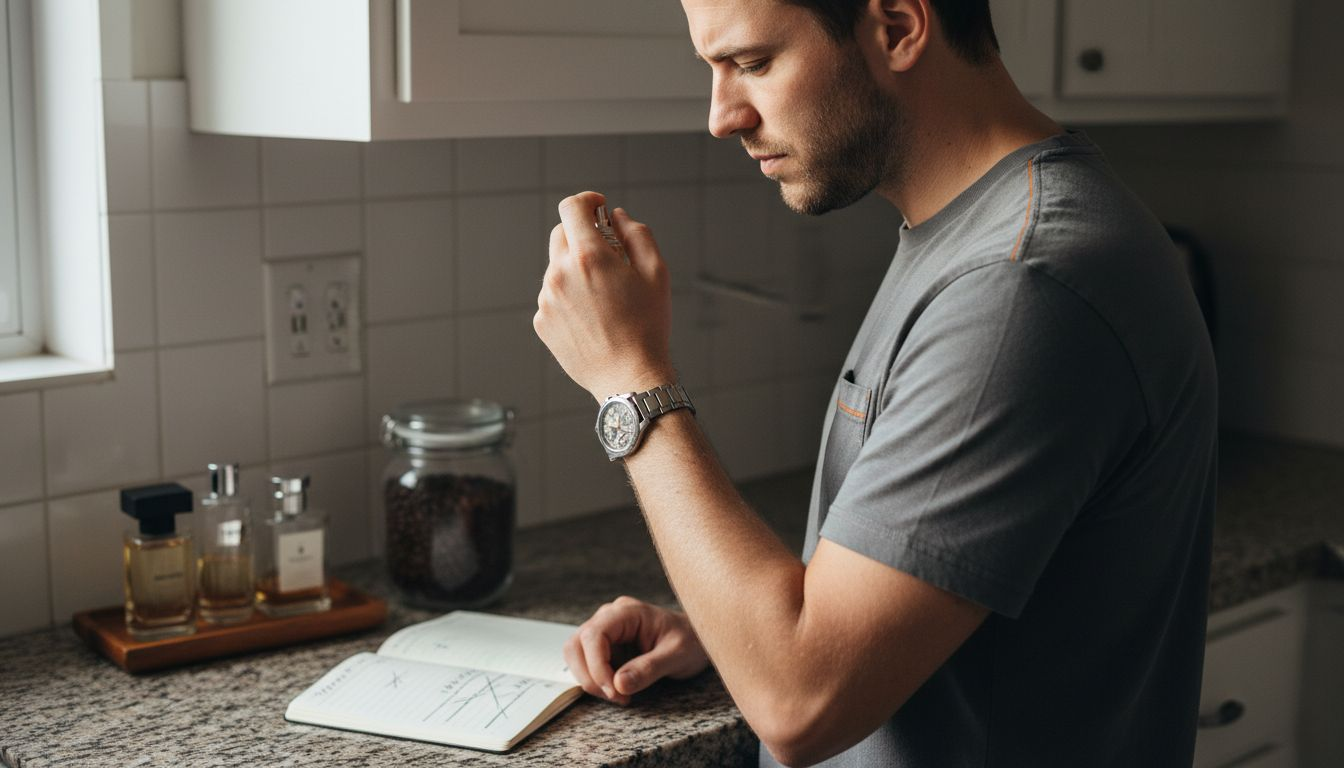 Man evaluating fragrance notes in kitchen