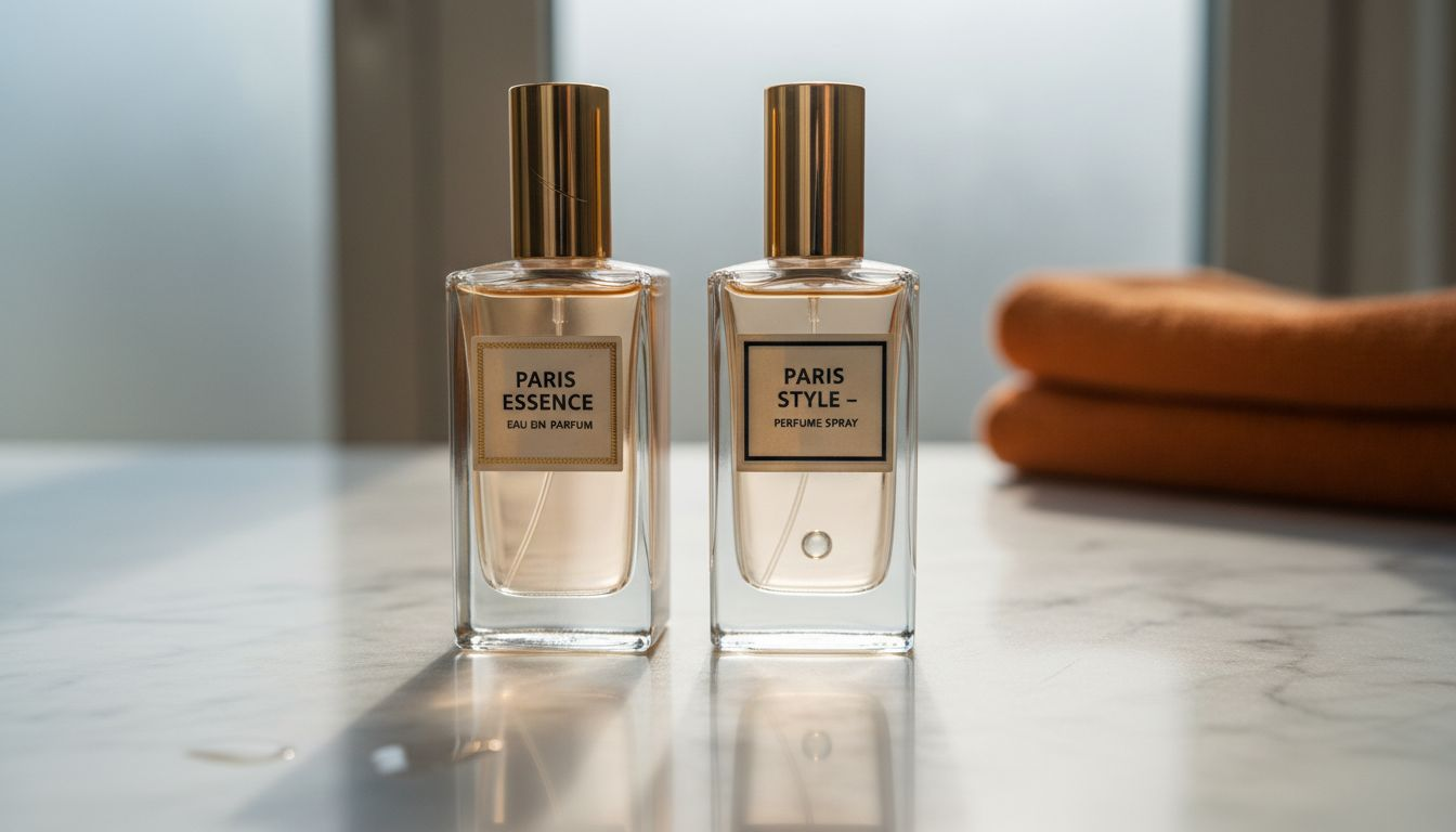 Close-up authentic and imitation perfume bottles