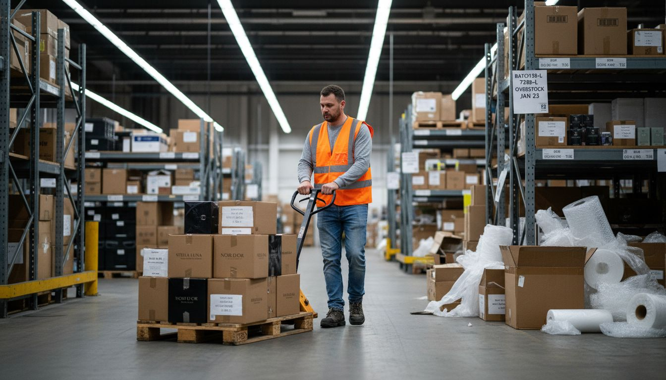 Worker moving surplus perfume boxes in warehouse