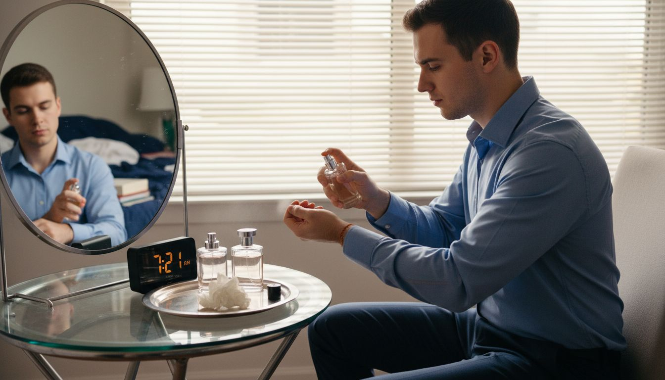 Man applying Eau de Parfum at vanity