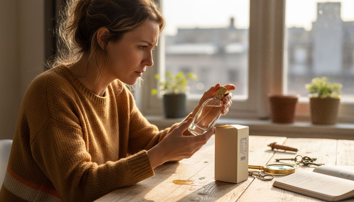 Woman checking luxury cologne packaging and batch code