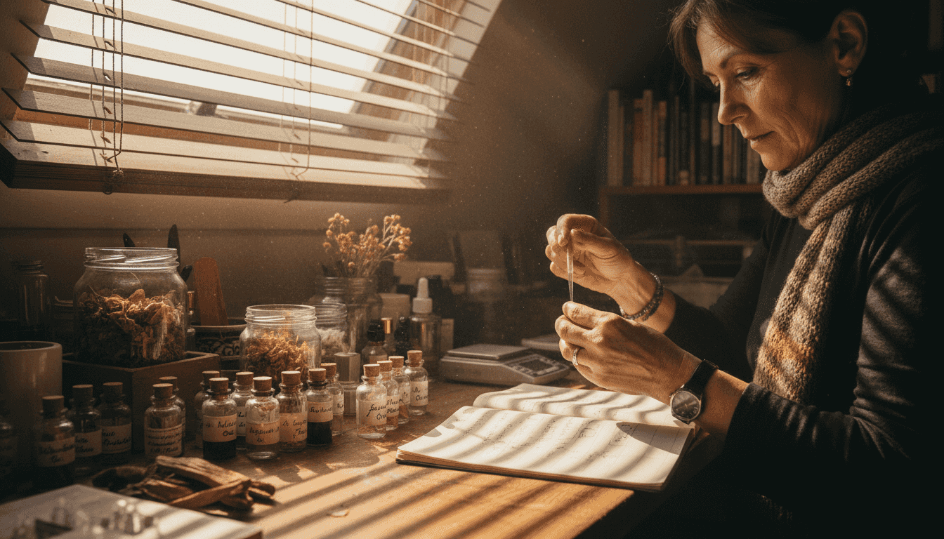 Artisan perfumer preparing rare ingredients