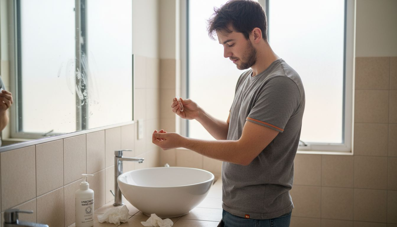 Man applying fragrance on clean skin