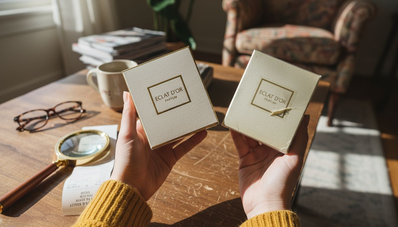 Hands compare authentic and fake perfume boxes