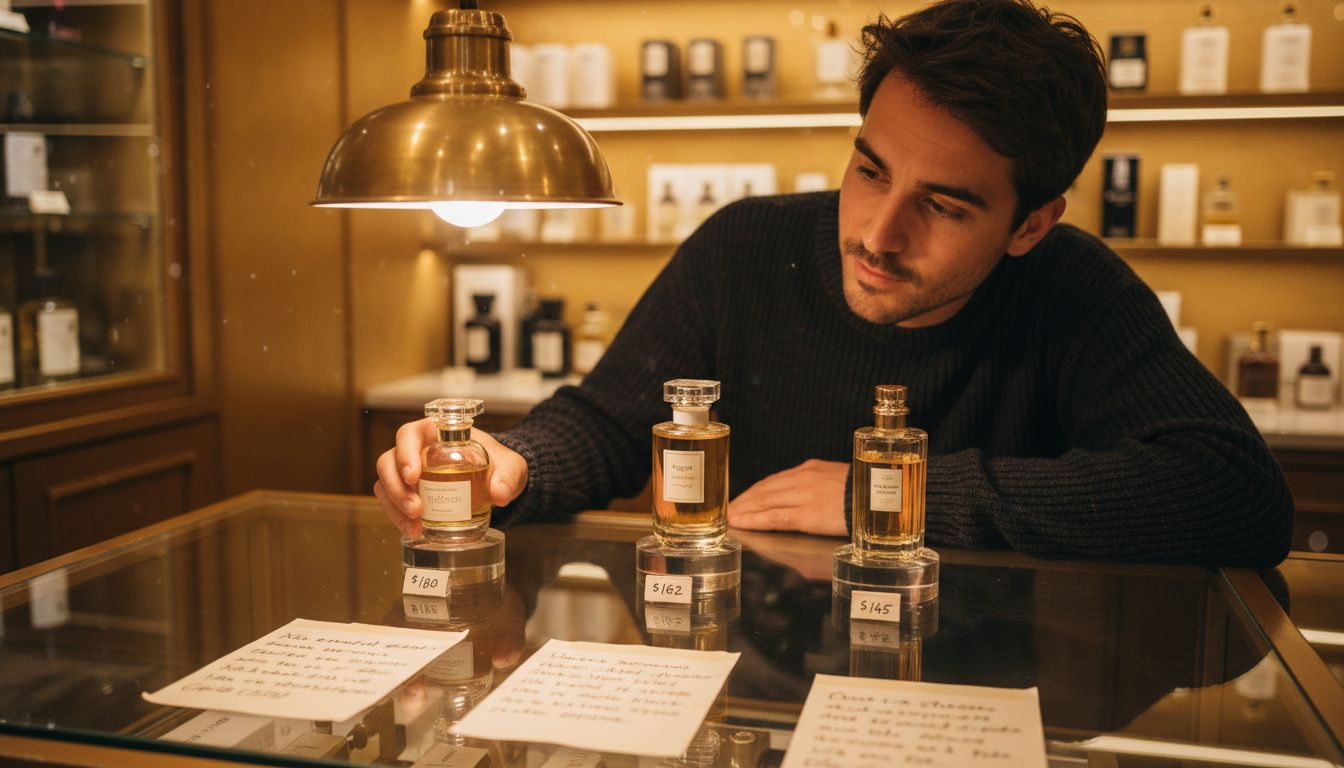 Man reviewing price tags on niche perfumes