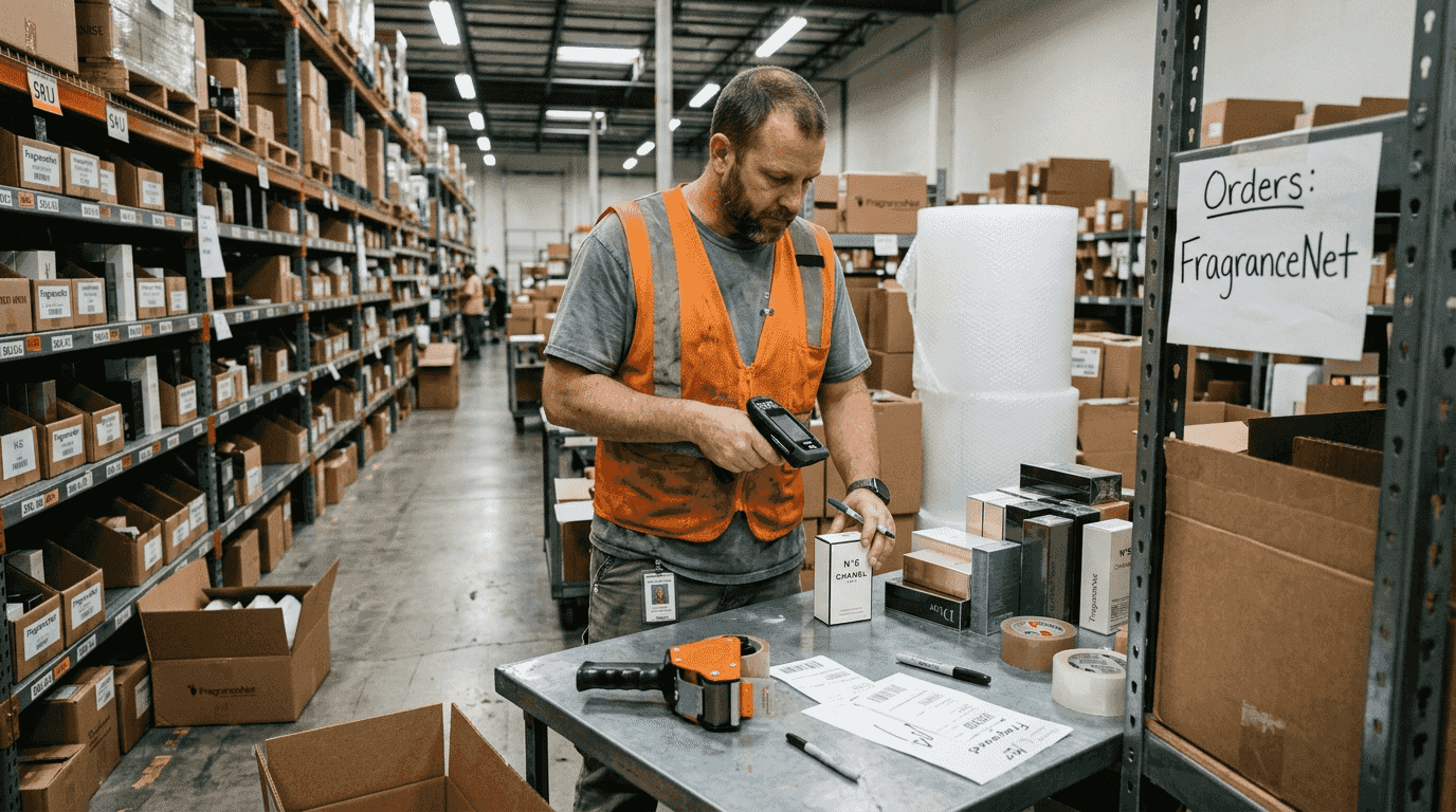 Warehouse employee packing perfume orders