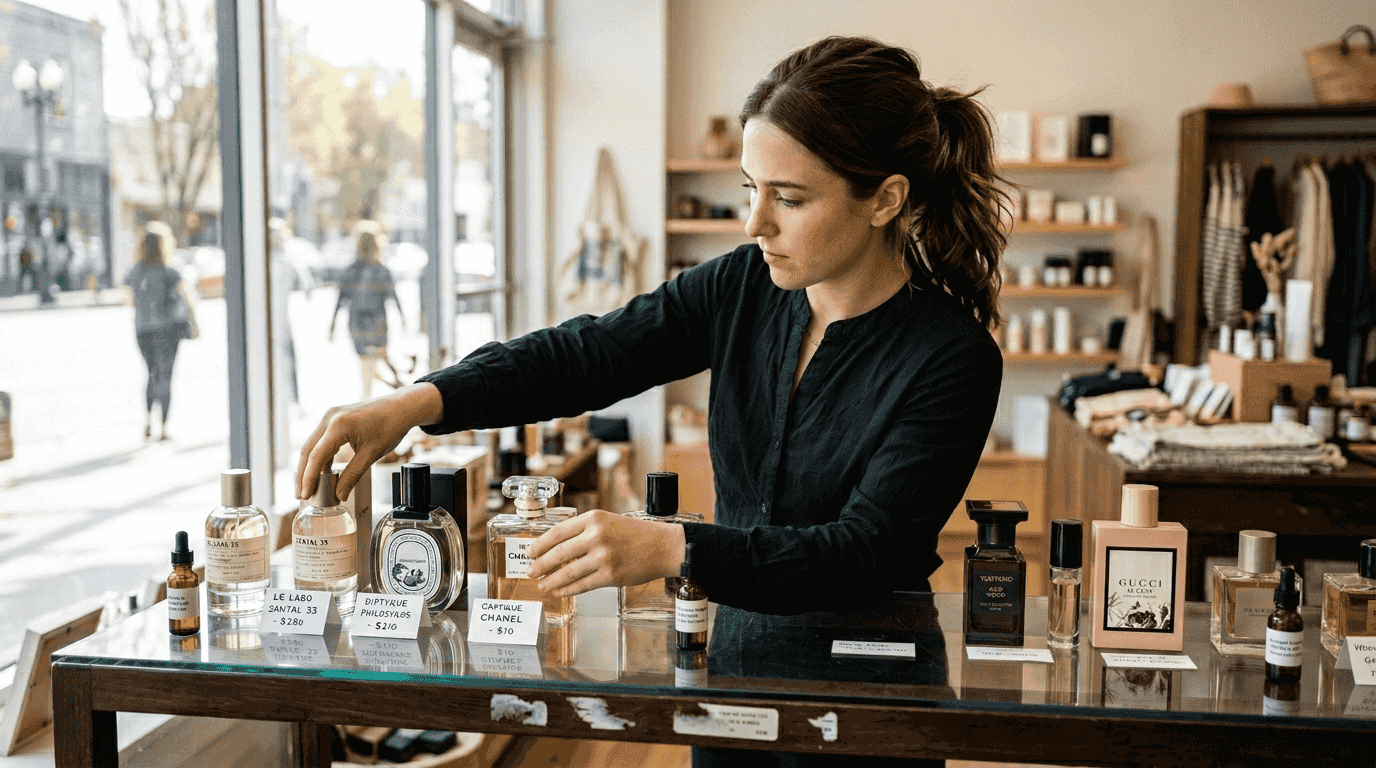 Retail associate organizing designer perfume bottles