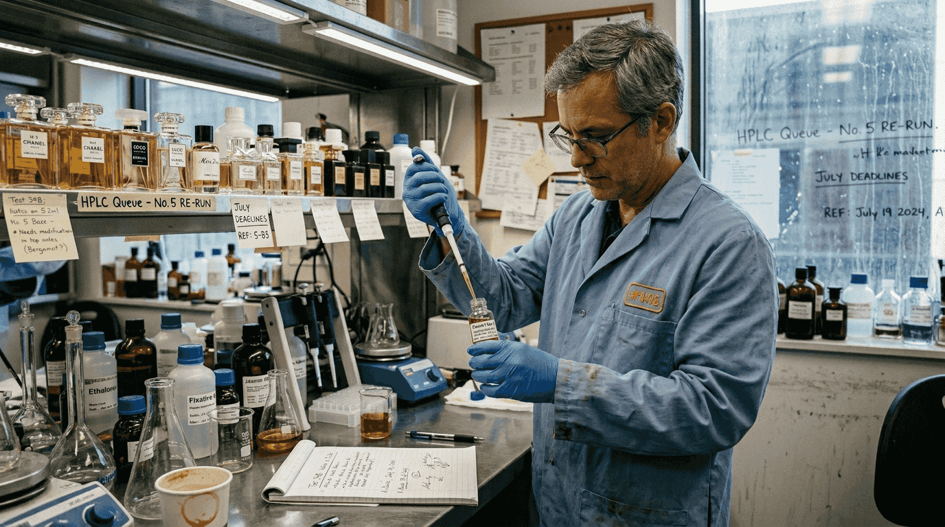 Technician testing quality of branded perfume