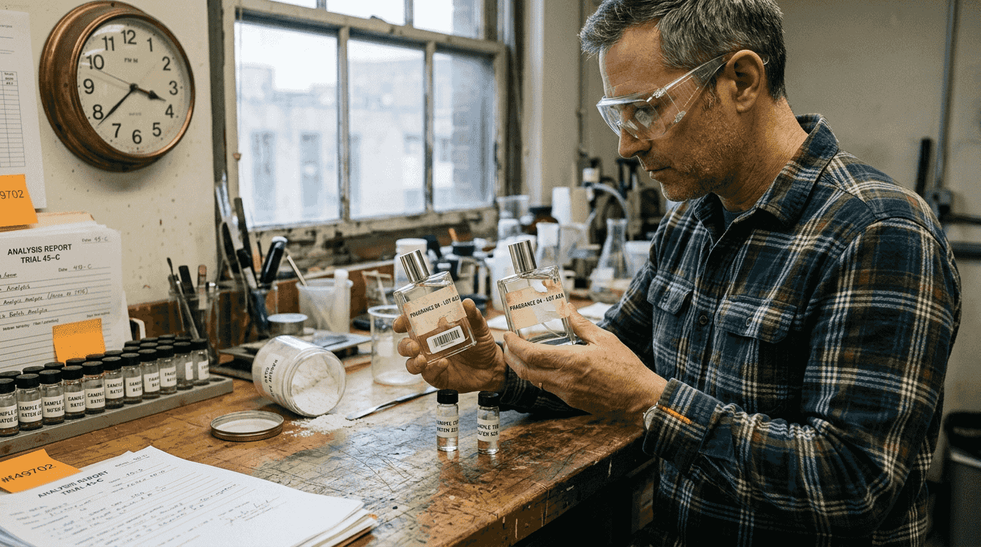 Technician comparing real and fake perfume bottles