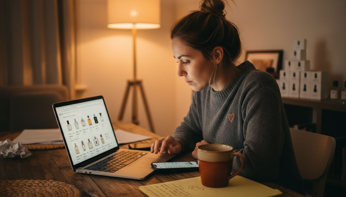 Woman researching perfumes on laptop at home