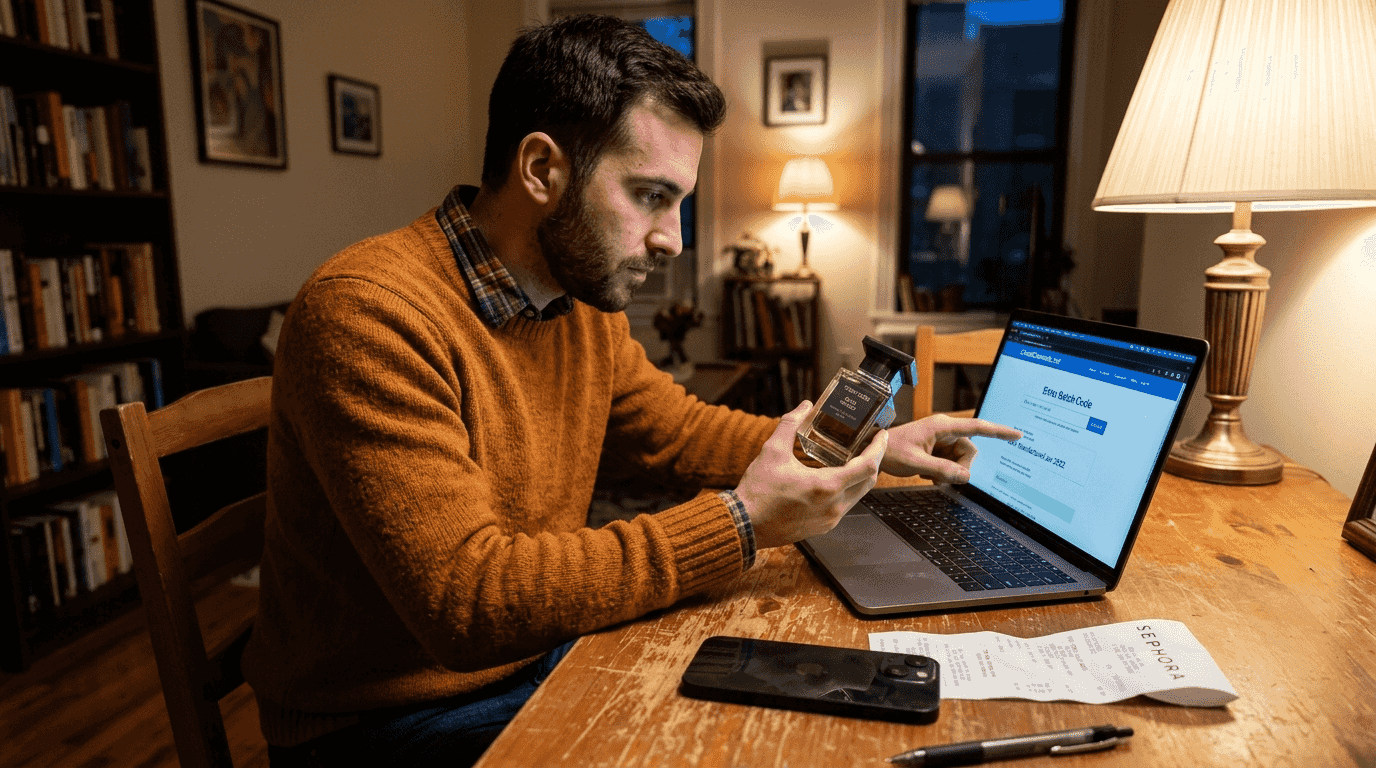 Man verifying perfume authenticity with batch code