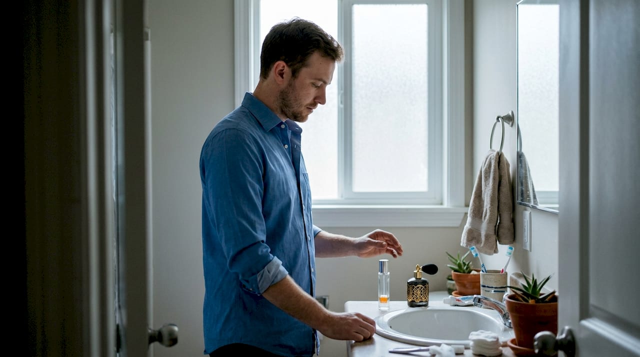 Man choosing cologne or perfume in morning routine
