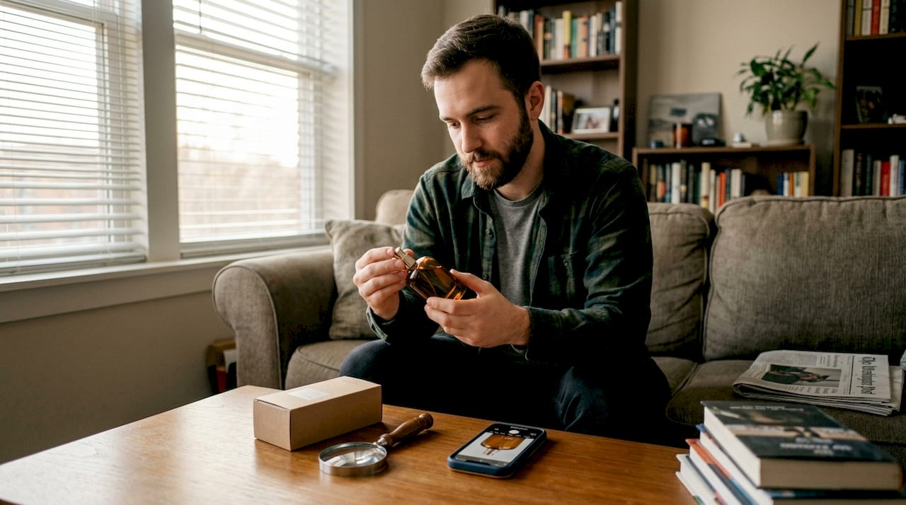 Man examining perfume bottle for authenticity