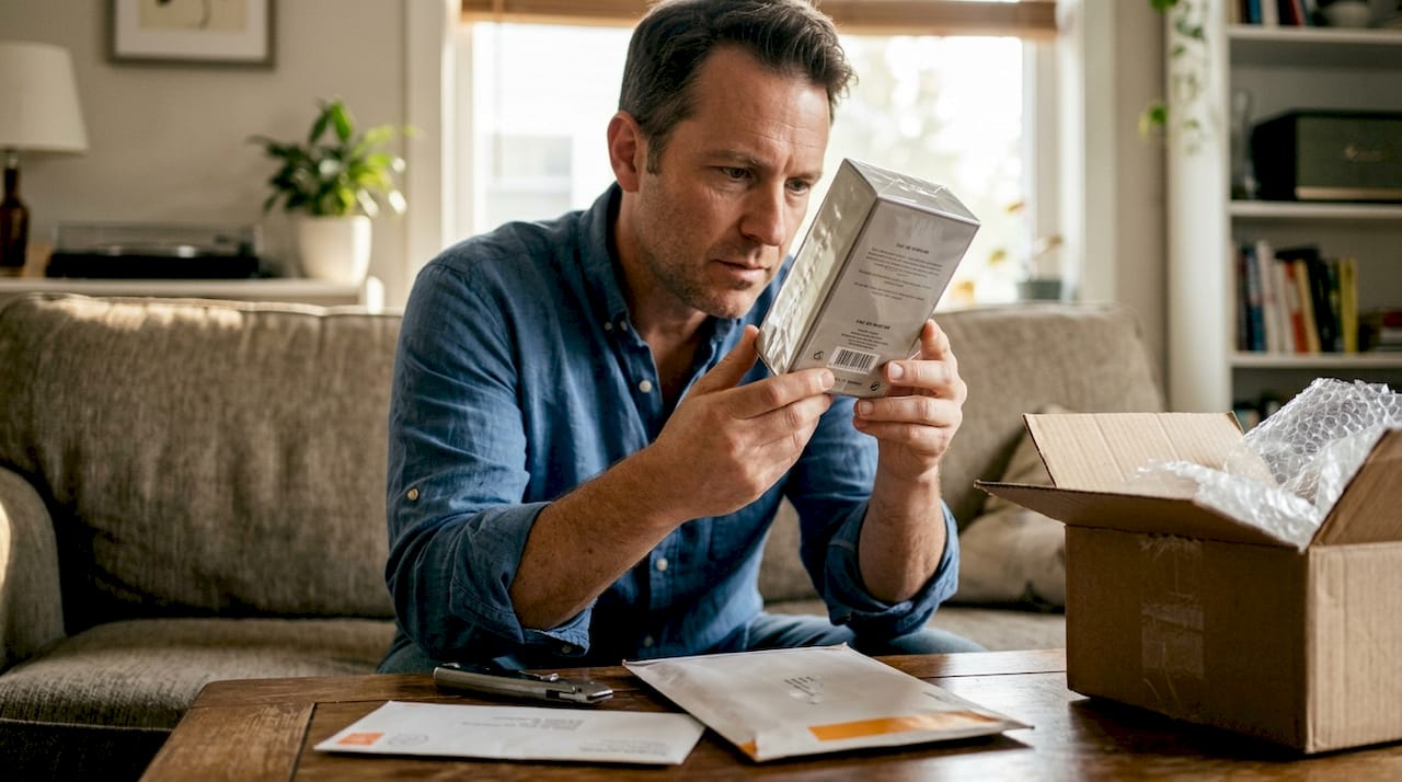 Man checking perfume packaging for authenticity