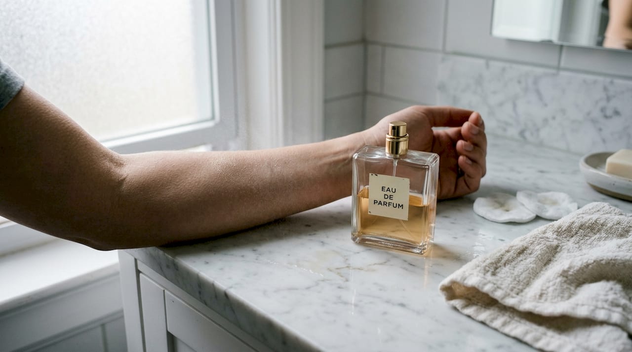 Perfume spraying on wrist with bottle close