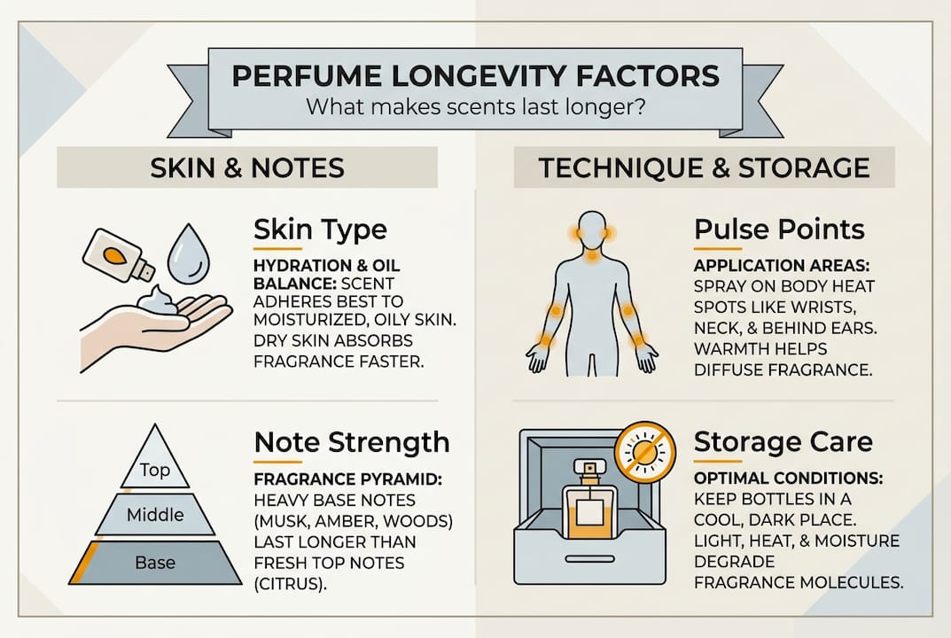 Infographic showing factors for perfume longevity