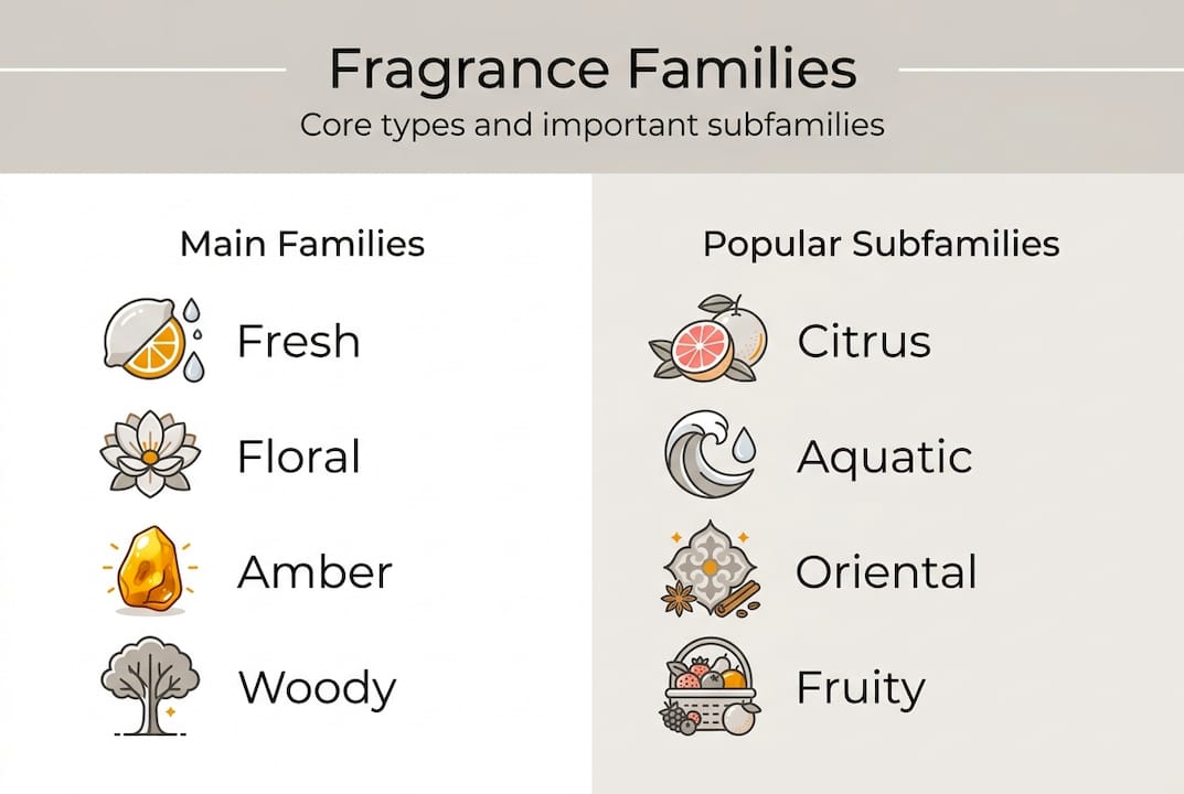 Infographic showing fragrance family types and subfamilies
