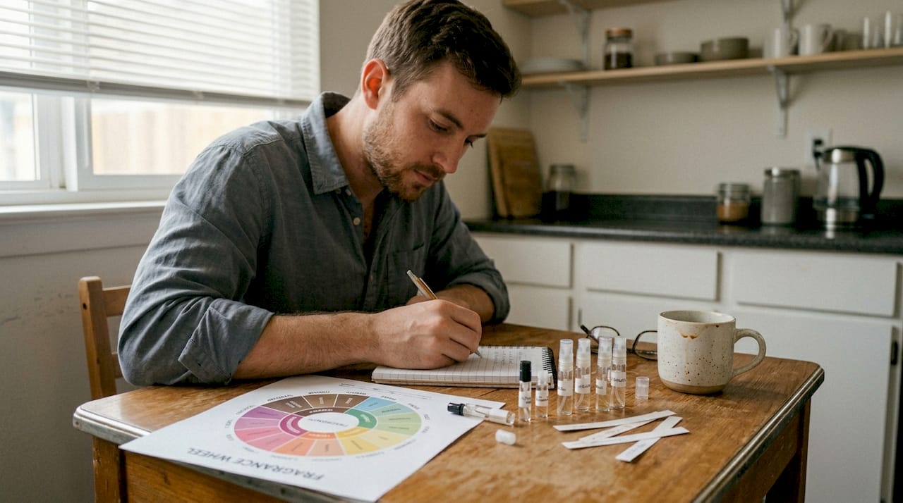 Man using fragrance wheel at kitchen table