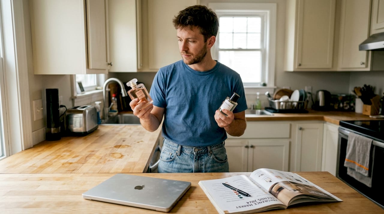 Man comparing perfume bottles kitchen counter