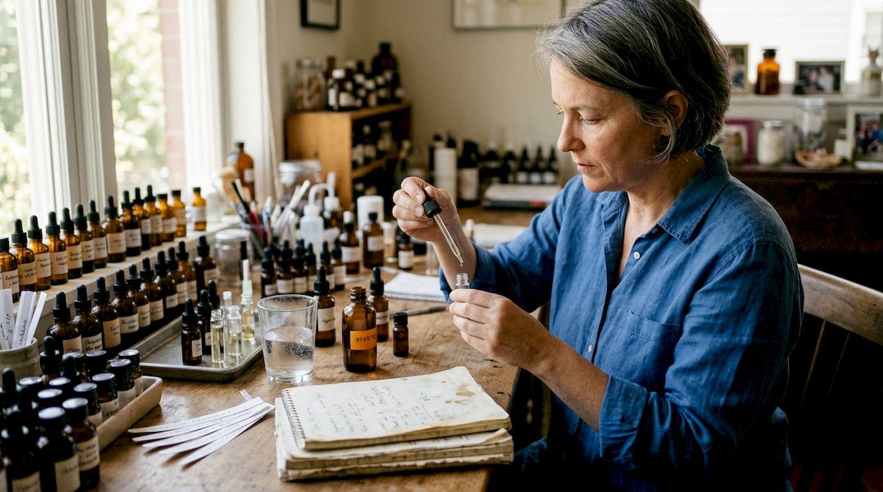 Perfumer blending fragrances at wooden workbench