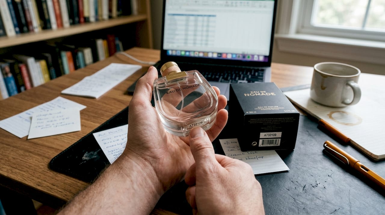 Hand checking batch code on perfume bottle