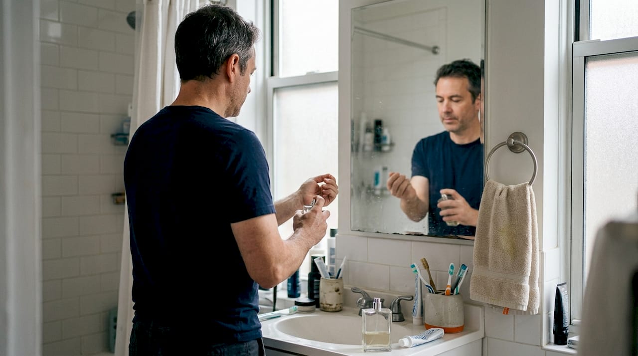 Man applies perfume in everyday bathroom