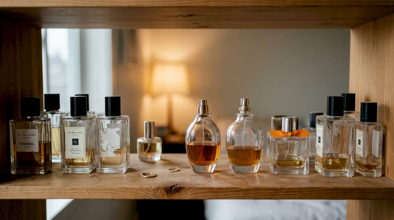 Perfume bottles arranged on small bedroom shelf