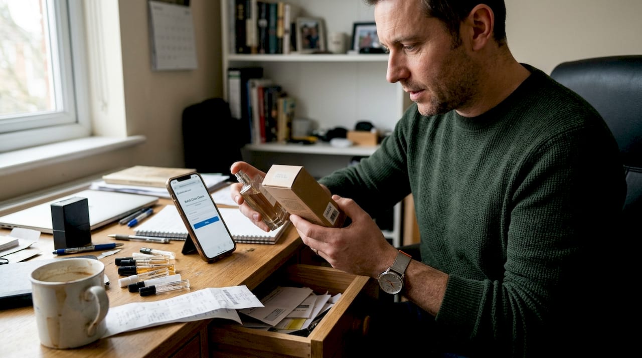 Man checks perfume batch code at desk