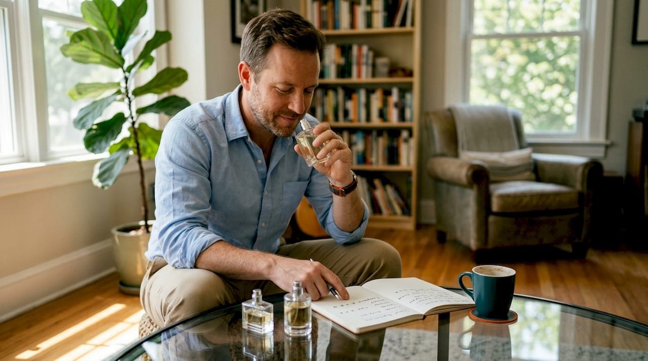 Man comparing two perfume bottles at table