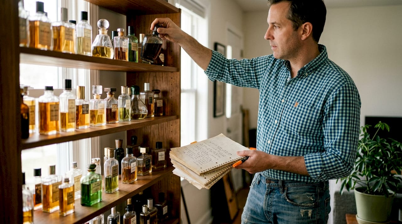Man selects rare perfume from living room shelf