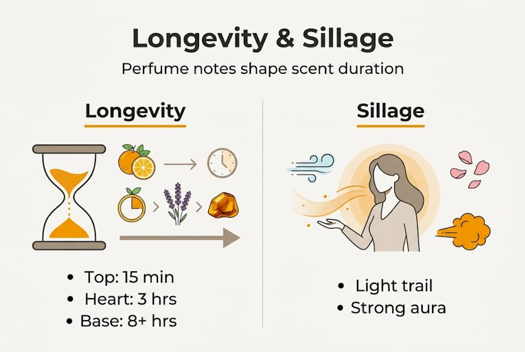Longevity and sillage of fragrance notes infographic