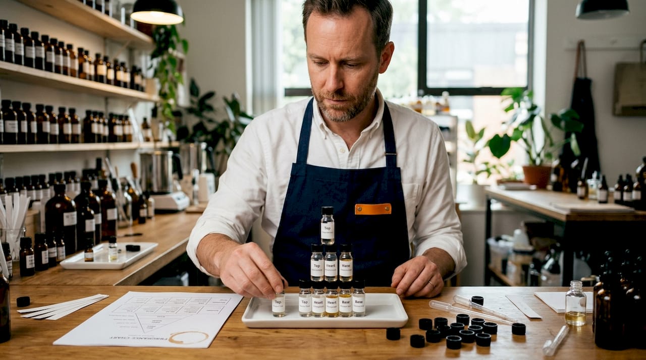 Perfumer arranging fragrance note pyramid