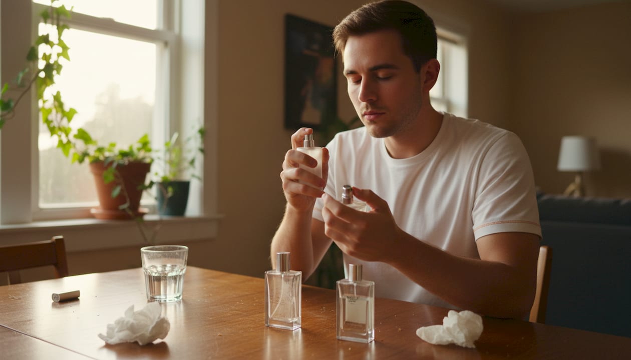 Man testing perfume scent at home