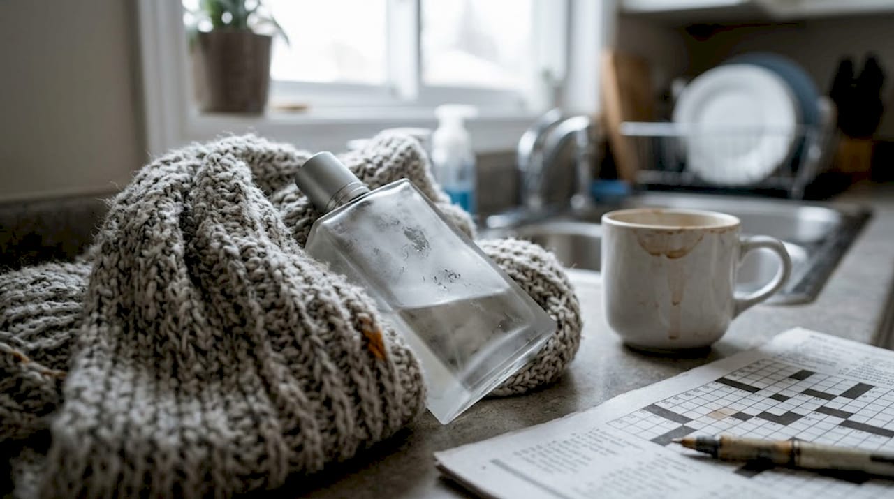 Winter fragrance bottle in cozy kitchen setting