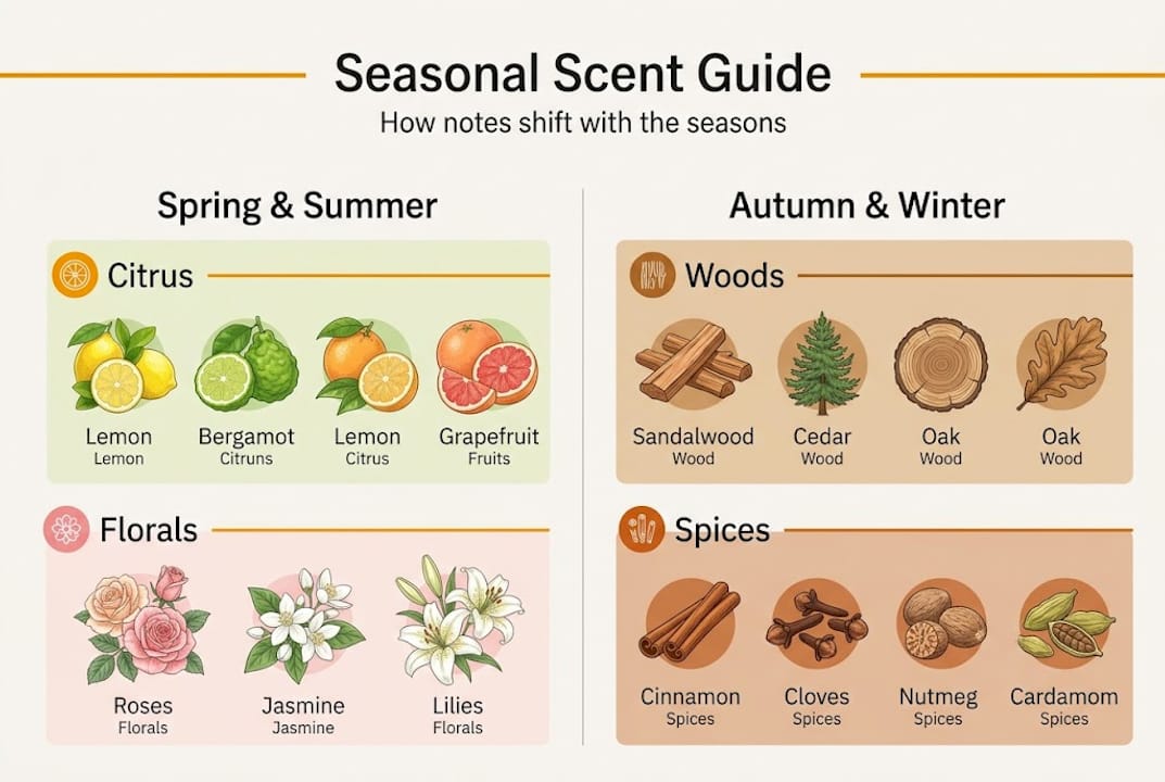 Infographic comparing fragrance notes by season