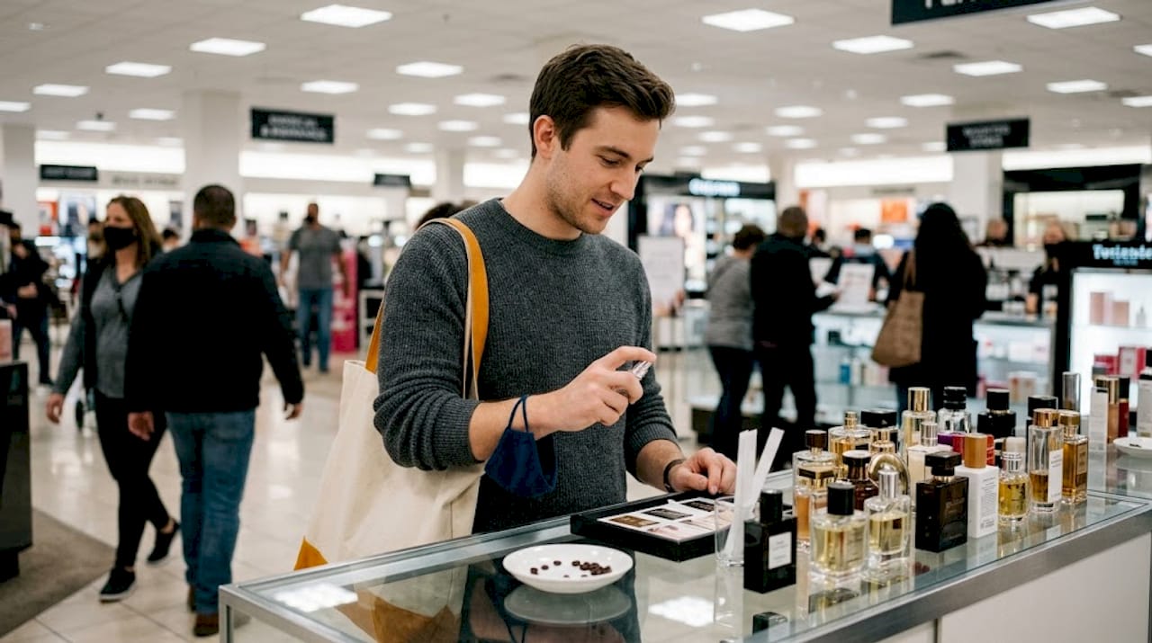 Man tests fragrances at store counter