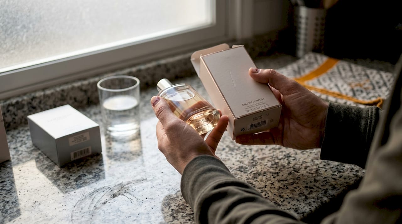 Hands checking fragrance batch code authenticity