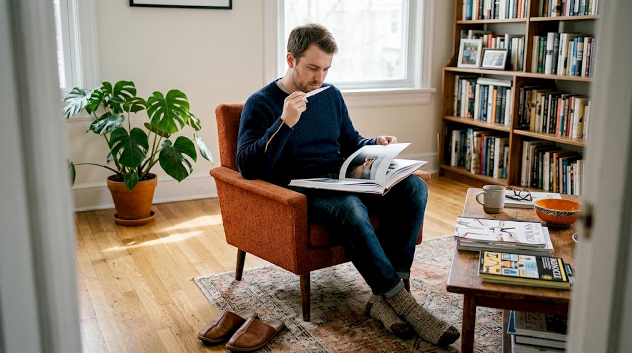 Man testing scent in cozy living room